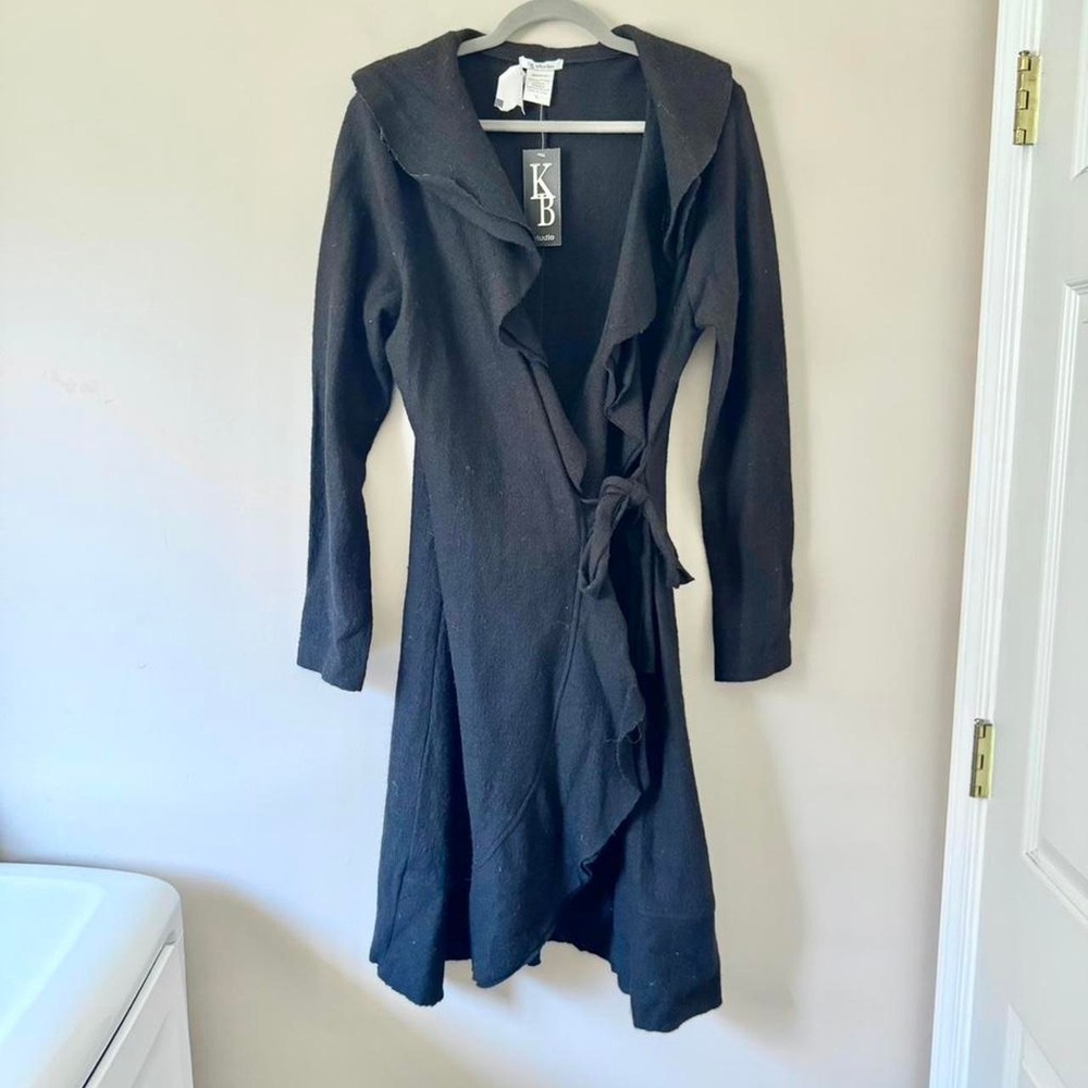 Black Wool Ruffle Wrap Cardigan Large New with tags NWT